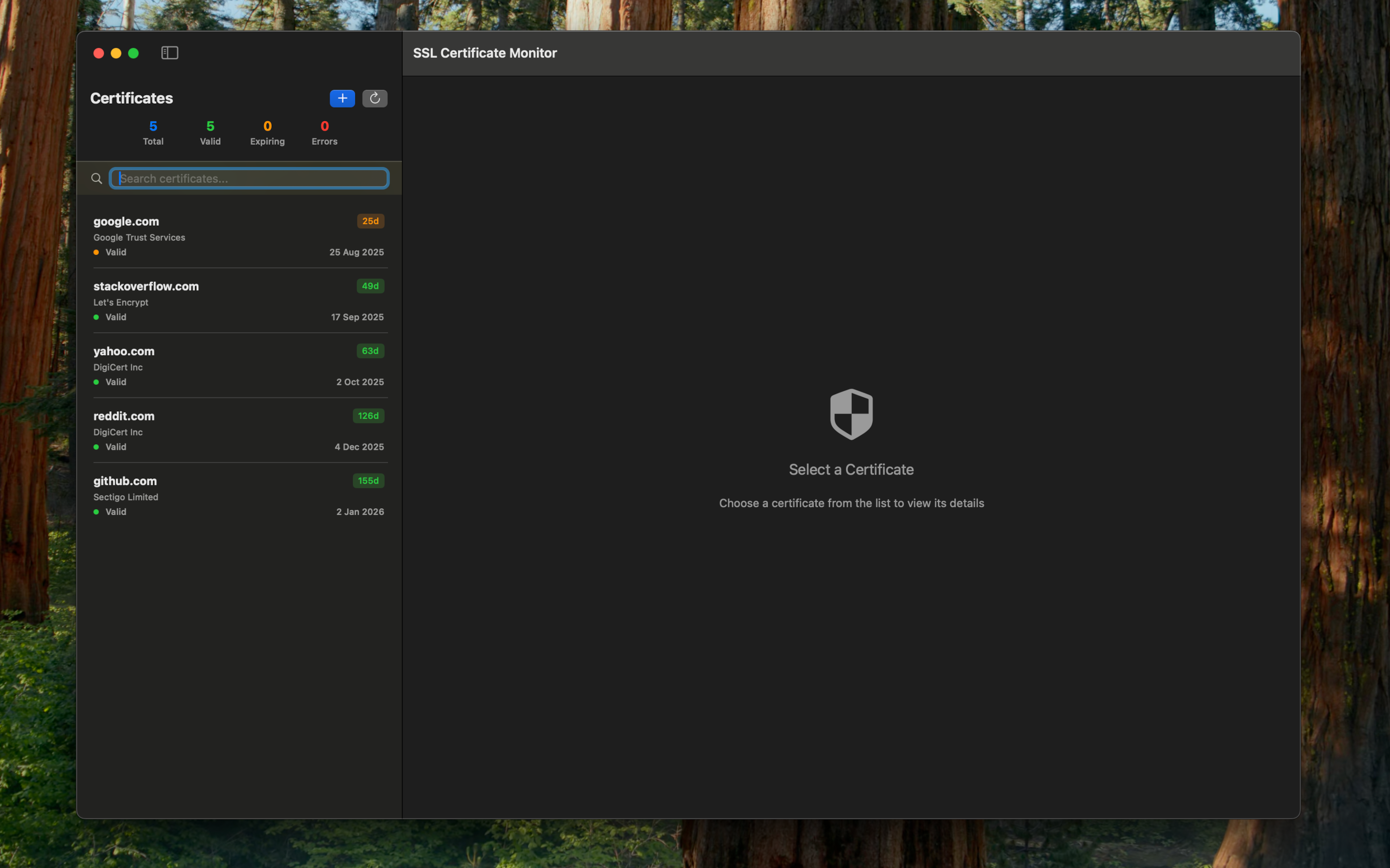 SSL Certificate Monitor main dashboard showing certificate list with expiry dates and status indicators