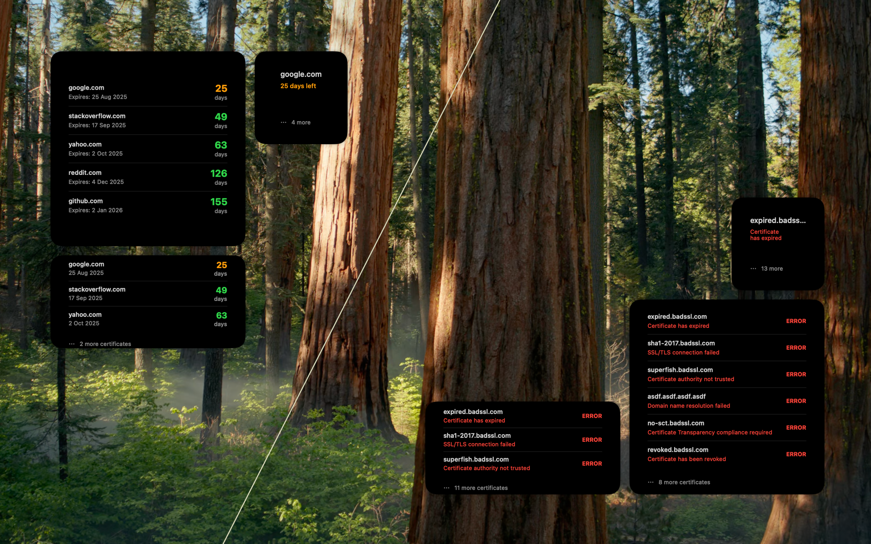 macOS desktop widgets showing SSL certificate status monitoring at-a-glance